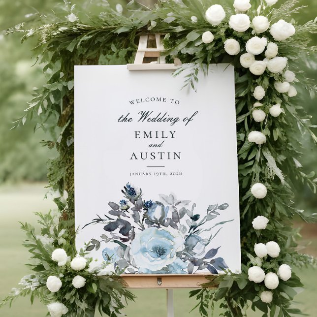 Elegant Blue Floral Greenery Wedding Welcome Sign (Creator Uploaded)