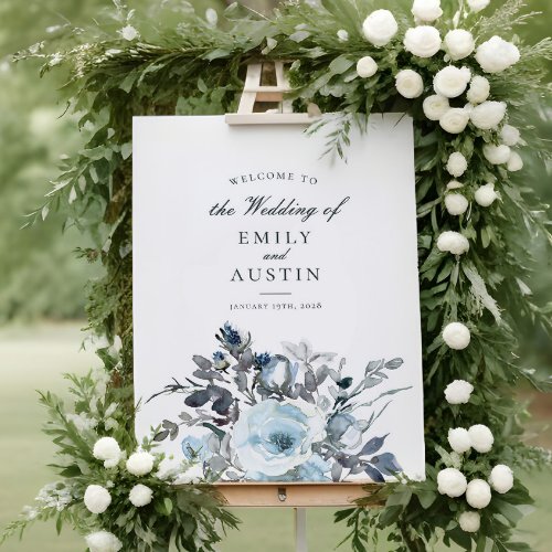 Elegant Blue Floral Greenery Wedding Welcome Sign