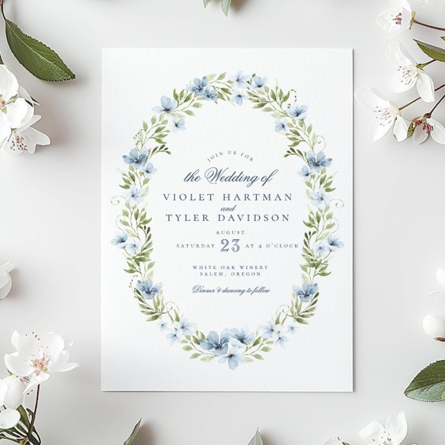Elegant Blue Floral Greenery Wreath Wedding Invitation (Creator Uploaded)