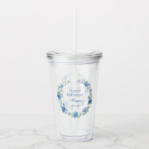 Elegant Blue Floral Happy Birthday Acrylic Tumbler