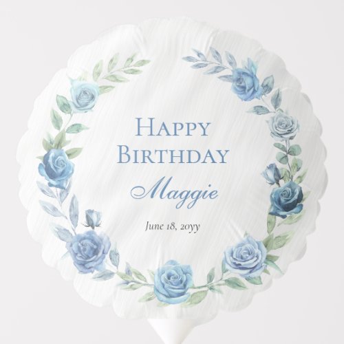 Elegant Blue Floral Happy Birthday Balloon