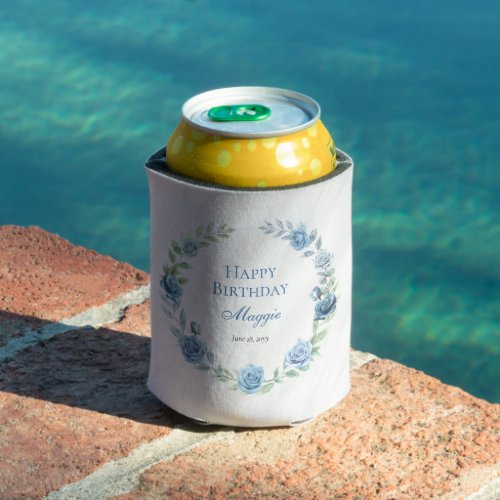 Elegant Blue Floral Happy Birthday Can Cooler