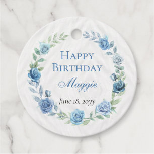 Elegant Blue Floral Happy Birthday Favor Tags