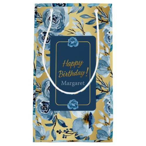 Elegant Blue Floral Happy Birthday Name Small Gift Bag