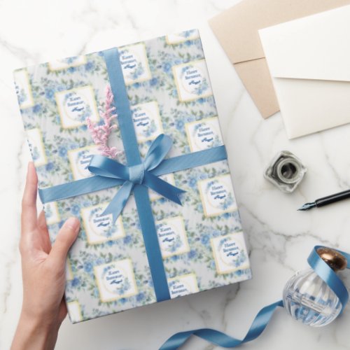 Elegant Blue Floral Happy Birthday Name  Wrapping Paper