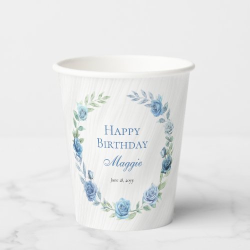 Elegant Blue Floral Happy Birthday Paper Cups