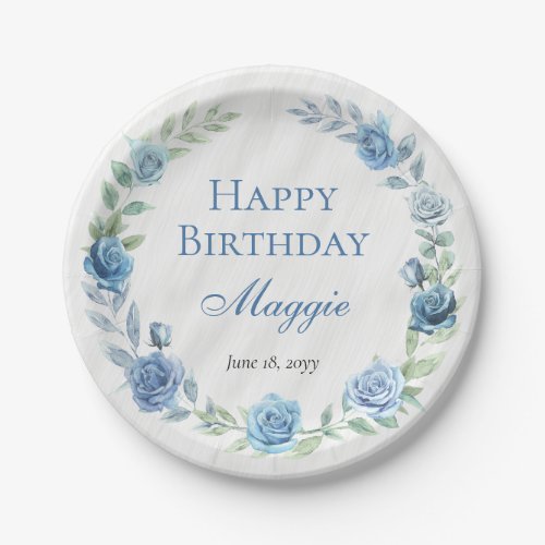 Elegant Blue Floral Happy Birthday Paper Plates