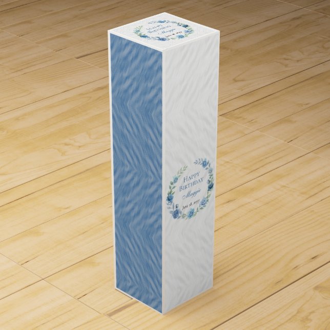 Elegant Blue Floral Happy Birthday Wine Box (Front)