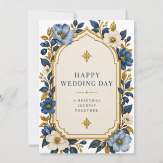 Elegant Blue Floral Happy Wedding Day Card
