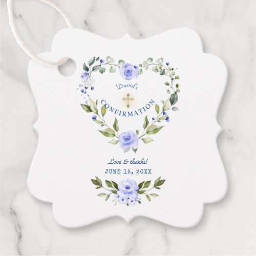 Elegant Blue Floral Heart Wreath Boy Confirmation Favor Tags
