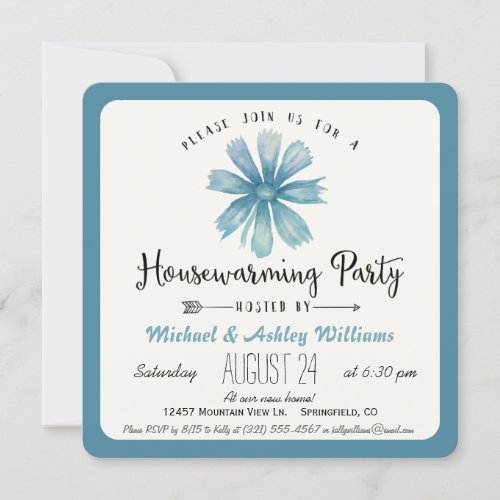 Elegant Blue Floral Housewarming Party Invitation