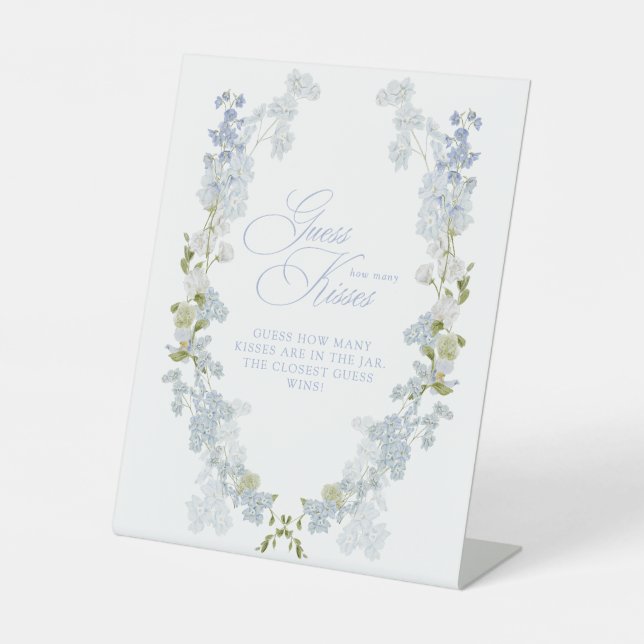 Elegant Blue Floral How Many Kisses Bridal Shower Pedestal Sign (Front)