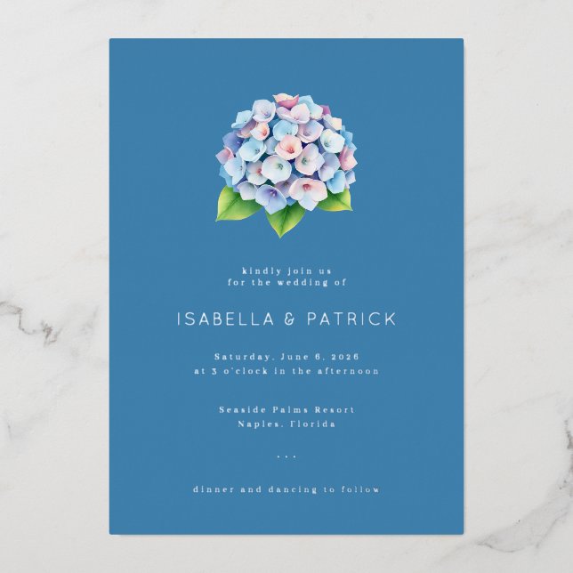 Elegant Blue Floral Hydrangea Foil Invitation (Front)