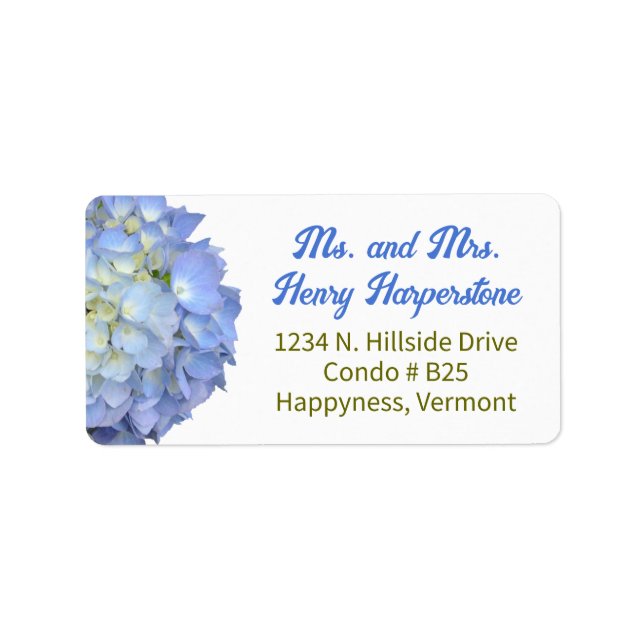 Elegant Blue Floral Hydrangea Wide Label (Front)