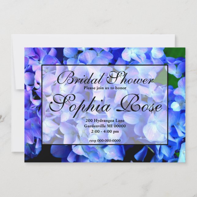 Elegant blue floral hydrangeas bridal shower invitation (Front)