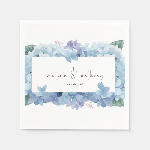 Elegant Blue Floral Hydrangeas Name Date Wedding Napkins