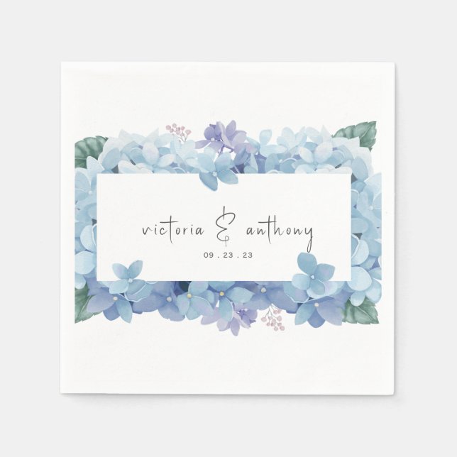 Elegant Blue Floral Hydrangeas Name Date Wedding Napkins (Front)