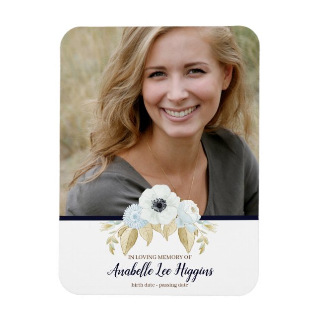 Elegant Blue Floral In Loving Memory Funeral Magnet (Vertical)