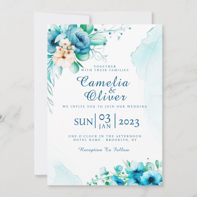 Elegant Blue Floral Invitation Card (Front)