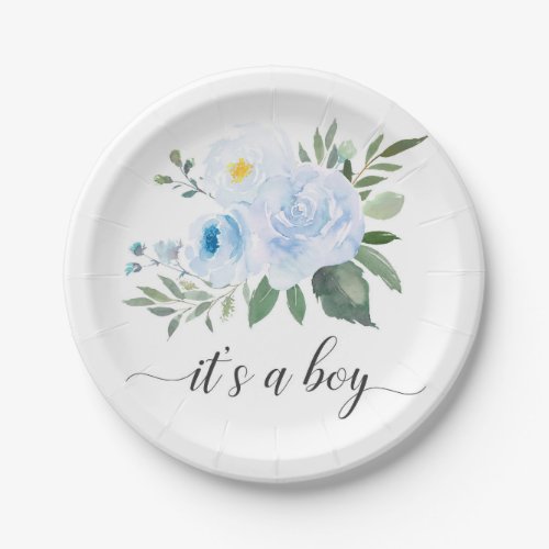 Elegant Blue Floral Its A Boy Baby Shower Plate