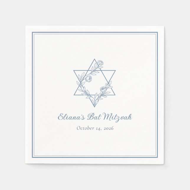 Elegant Blue Floral Jewish Star Chic Bat Mitzvah Napkins (Front)