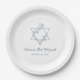 Elegant Blue Floral Jewish Star Chic Bat Mitzvah Paper Plates