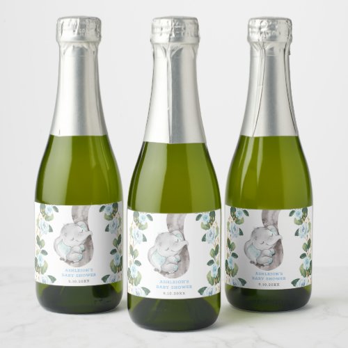 Elegant Blue Floral Jungle Elephant Baby Birthday Sparkling Wine Label