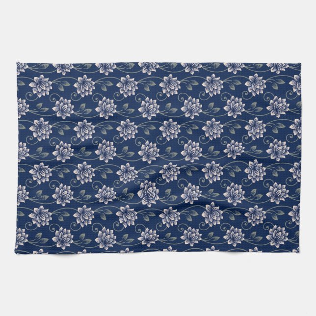 Elegant Blue Floral Kitchen Towel (Horizontal)
