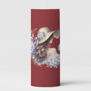 Elegant Blue Floral Lady Pillar Candle