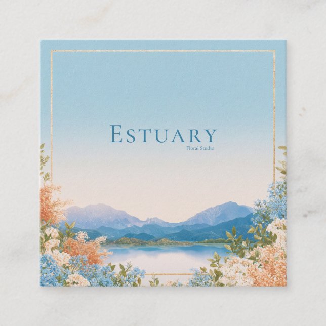 Elegant Blue Floral Lake Landscape Gold Frame Square Business Card (Front)