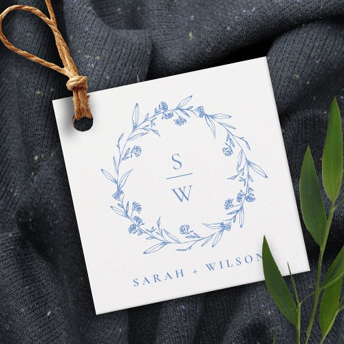 Elegant Blue Floral Laurel Wreath Monogram Wedding Favor Tags