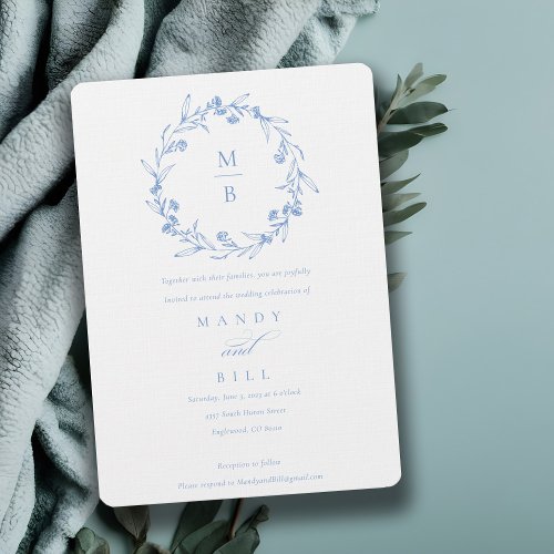 Elegant Blue Floral Laurel Wreath Monogram Wedding Invitation