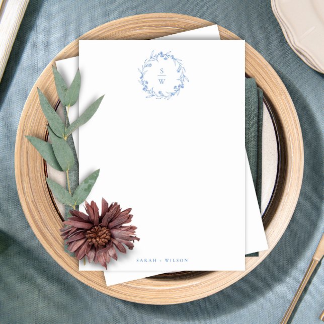 Elegant Blue Floral Laurel Wreath Monogram Wedding Note Card (Creator Uploaded)