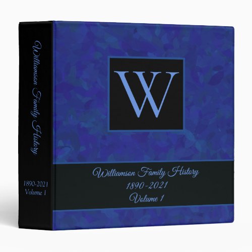 Elegant Blue Floral Leafy Monogram Family History 3 Ring Binder