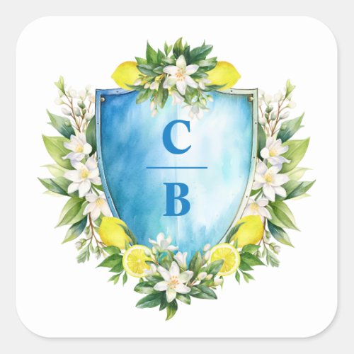 Elegant Blue Floral Lemon Crest Monogram Wedding Square Sticker