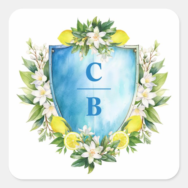 Elegant Blue Floral Lemon Crest Monogram Wedding Square Sticker (Front)
