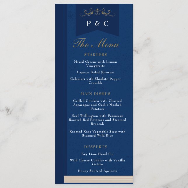 Elegant Blue Floral Library Book Cover Wedding Menu (Front)