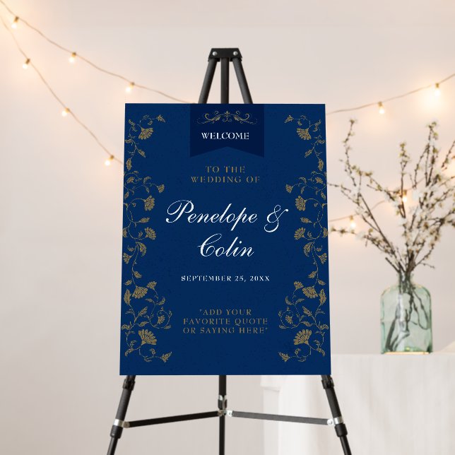 Elegant Blue Floral Library Wedding Welcome Sign (In Situ (Stand))