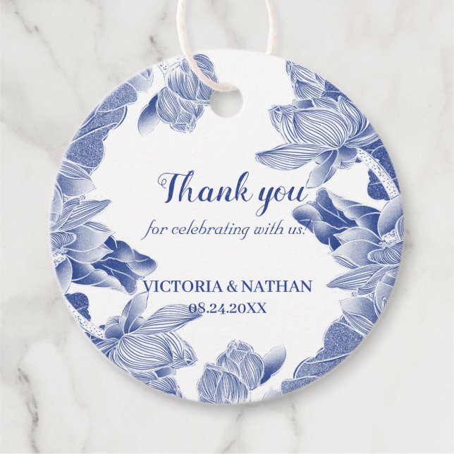 Elegant Blue Floral Lotus Chinoiserie Chic Favor Tags (Front)