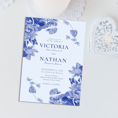 Elegant Blue Floral Lotus Chinoiserie Wedding  Magnetic Invitation