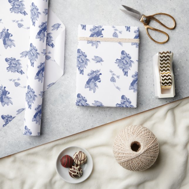Elegant Blue Floral Lotus Flowers Chinoiserie Wrap Wrapping Paper (Crafts)