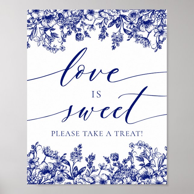 Elegant Blue Floral Love is Sweet Treat Favor Sign (Front)