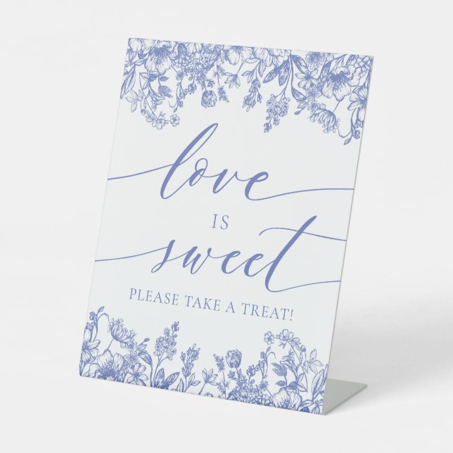 Elegant Blue Floral Love is Sweet Treat Favor Sign (Front)