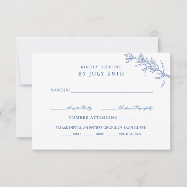 Elegant Blue Floral Meal Choice Wedding RSVP Card (Front)