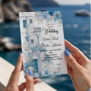 Elegant Blue Floral Mediterranean Coastal Wedding Invitation