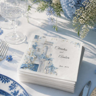 Elegant Blue Floral Mediterranean Coastal Wedding Napkins