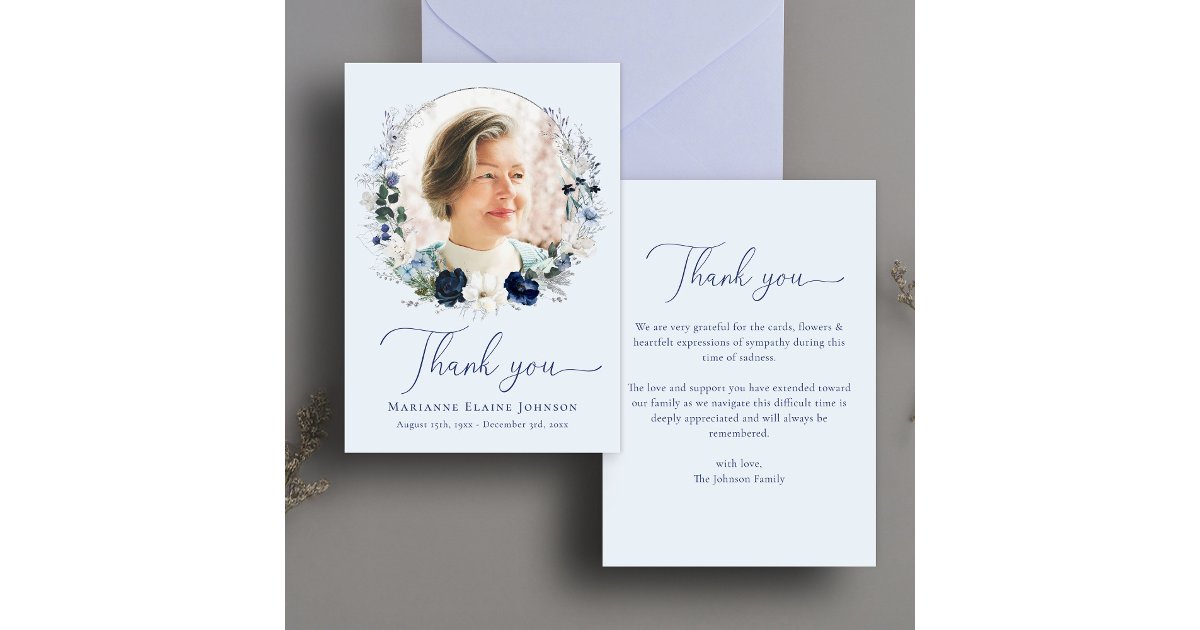 Elegant Blue Floral Memorial Celebration of Life Thank You Card | Zazzle
