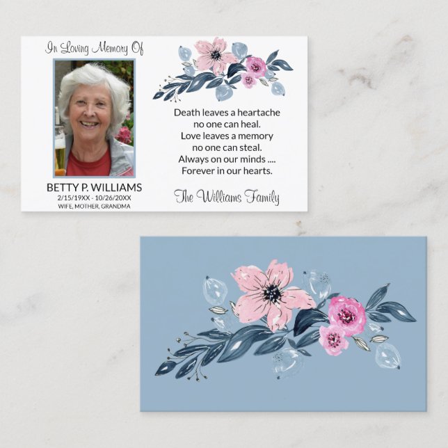 Elegant Blue Floral Memorial Prayer Card (Front/Back)