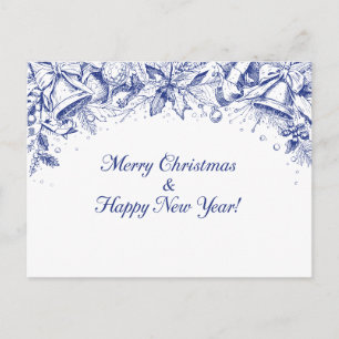 Elegant Blue Floral Merry Christmas Chinoiserie Postcard