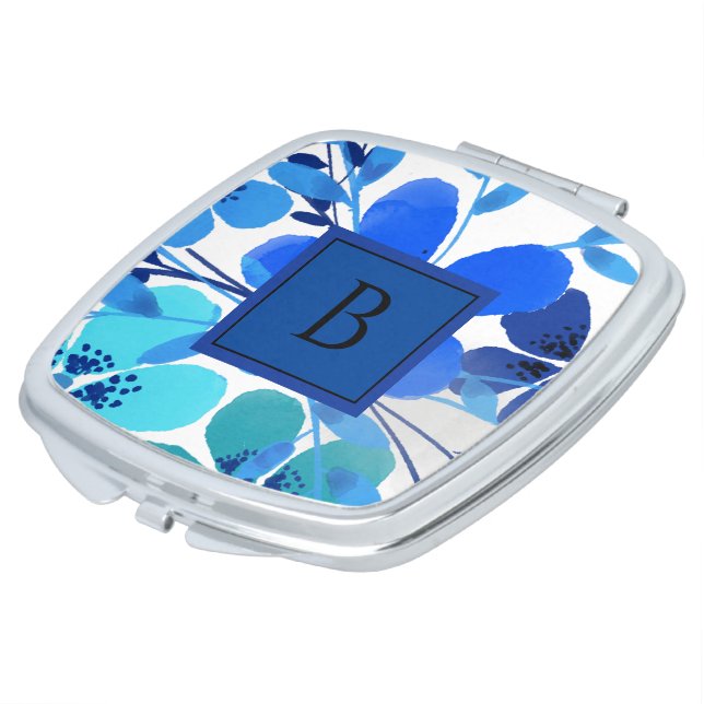 Elegant Blue Floral Monogram Compact Mirror (Turned)
